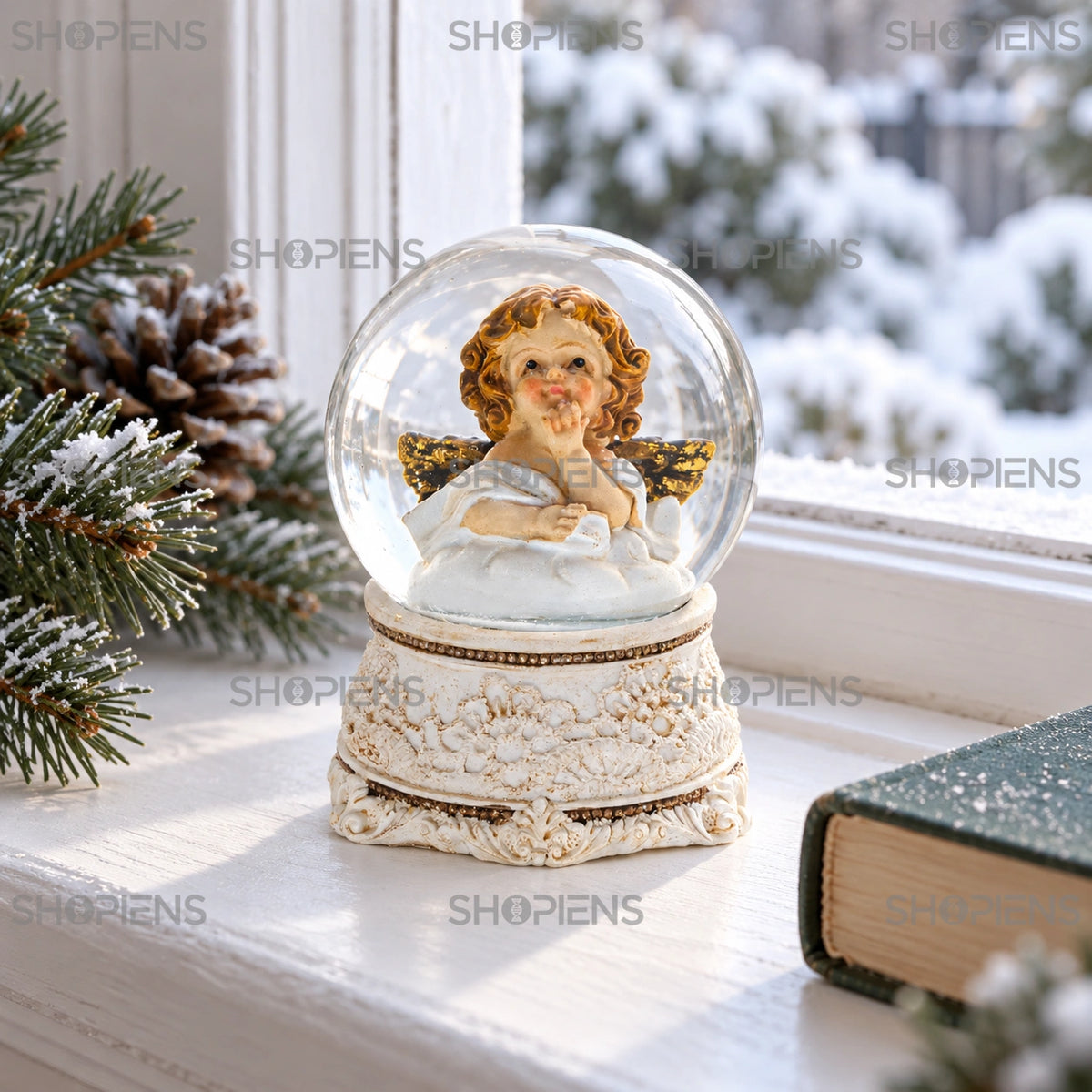 Glob decorativ cu îngeraș și aripi aurii, 8 cm lângă fereastră într-un decor de iarnă | Shopiens®