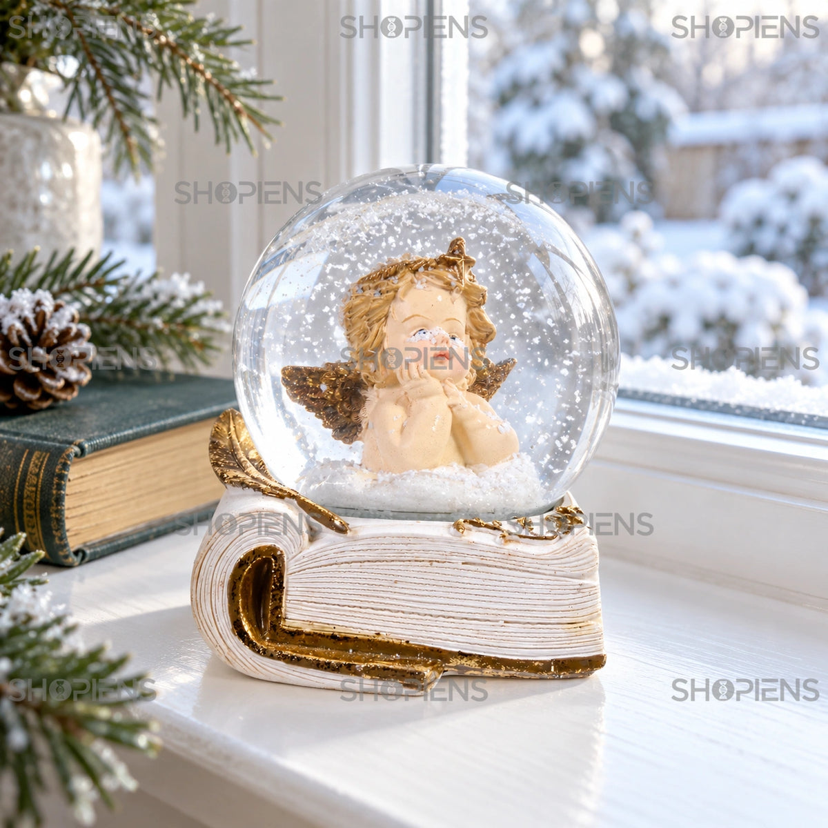 Îngeraș în glob pe carte aurie, 12,5 cm lângă fereastră într-un decor de iarnă | Shopiens®