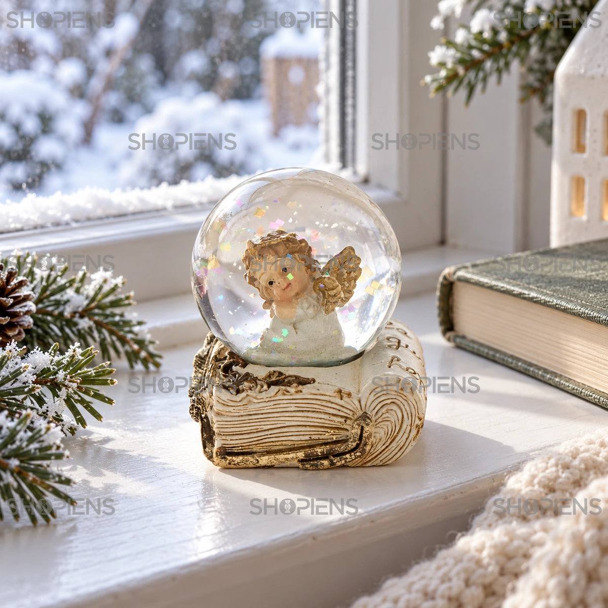 Îngeraș ecru în glob pe carte, 6 cm lângă fereastră într-un decor de iarnă | Shopiens®