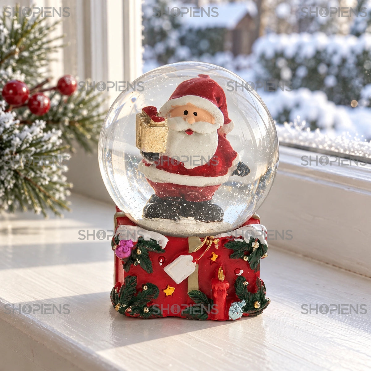 Glob cu Moș Crăciun pe cadou pătrat, 6 cm lângă fereastră într-un decor de iarnă | Shopiens®