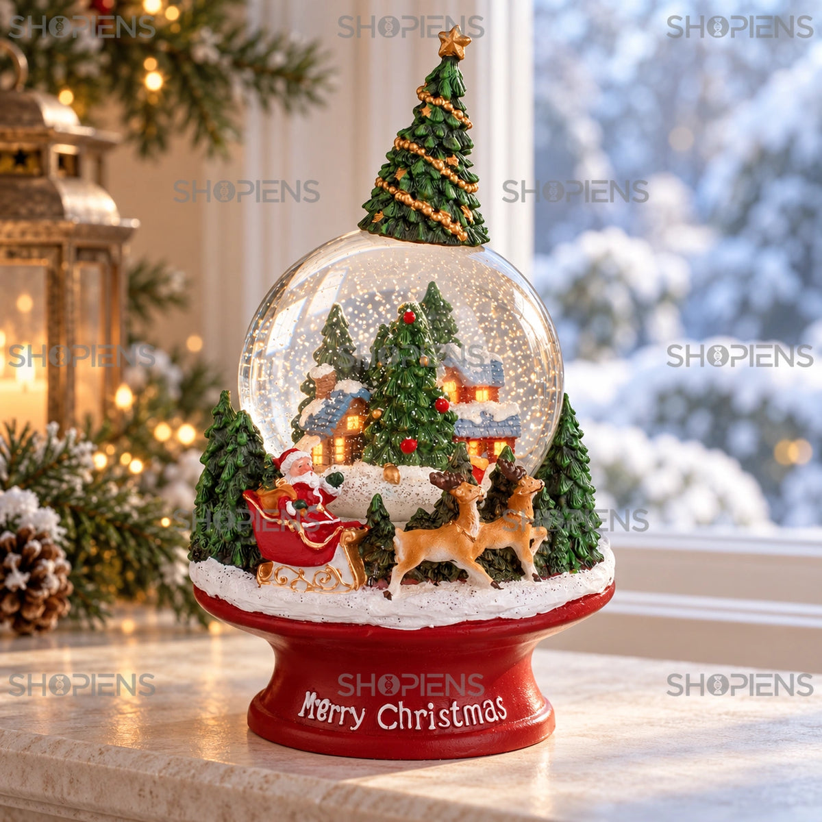 Glob de zăpadă muzical cu sania Moșului, 23 cm lângă fereastră, în decor de iarnă | Shopiens®