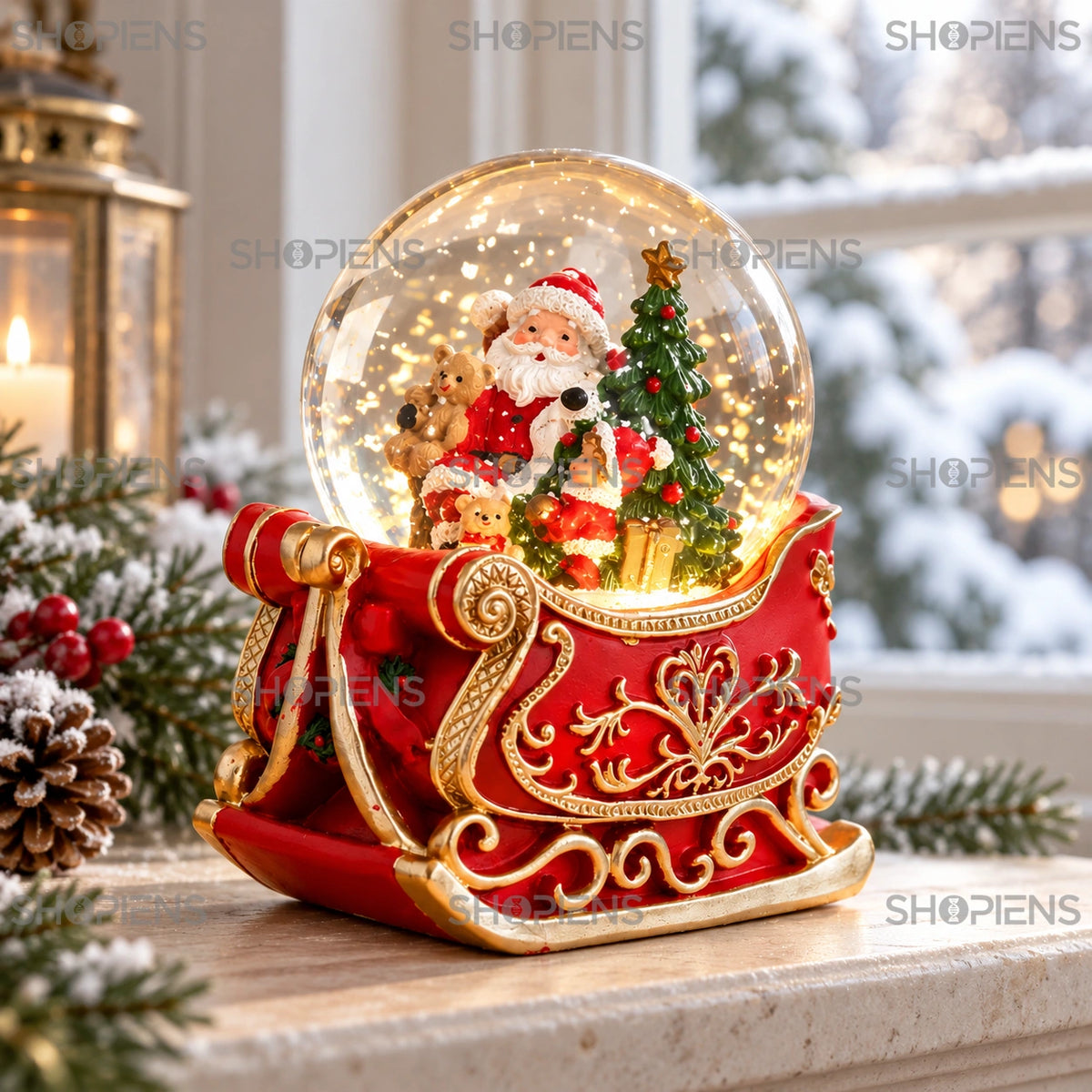 Glob muzical pe sanie roșie cu detalii aurii, 16 cm lângă fereastră, în decor de iarnă | Shopiens®