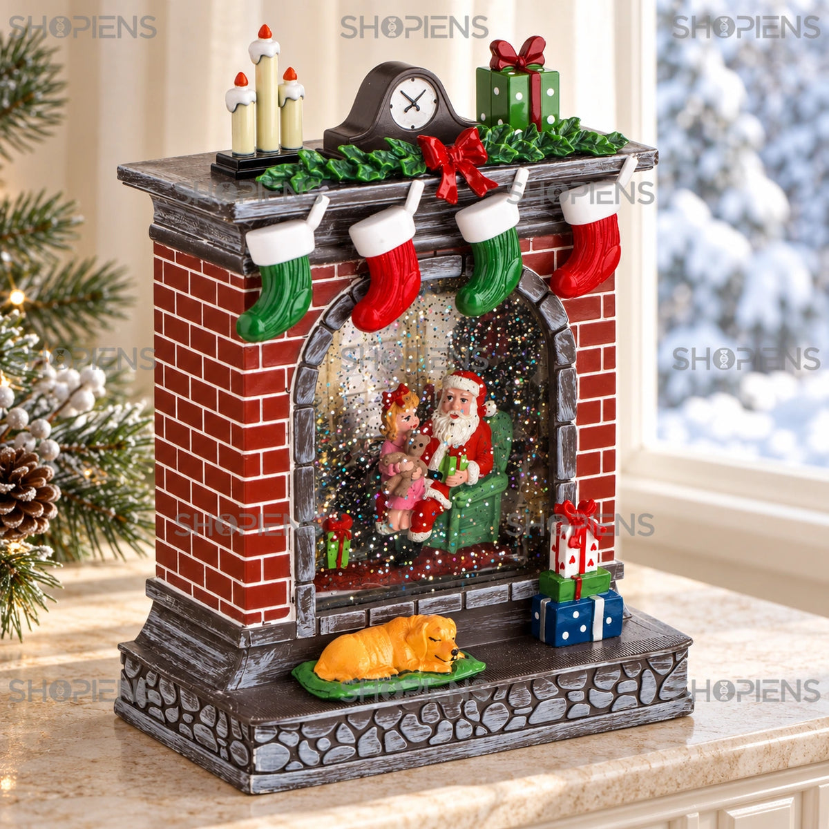 Șemineu decorativ cu Moș Crăciun, LED și muzică, 26 cm lângă fereastră, în decor de iarnă | Shopiens®