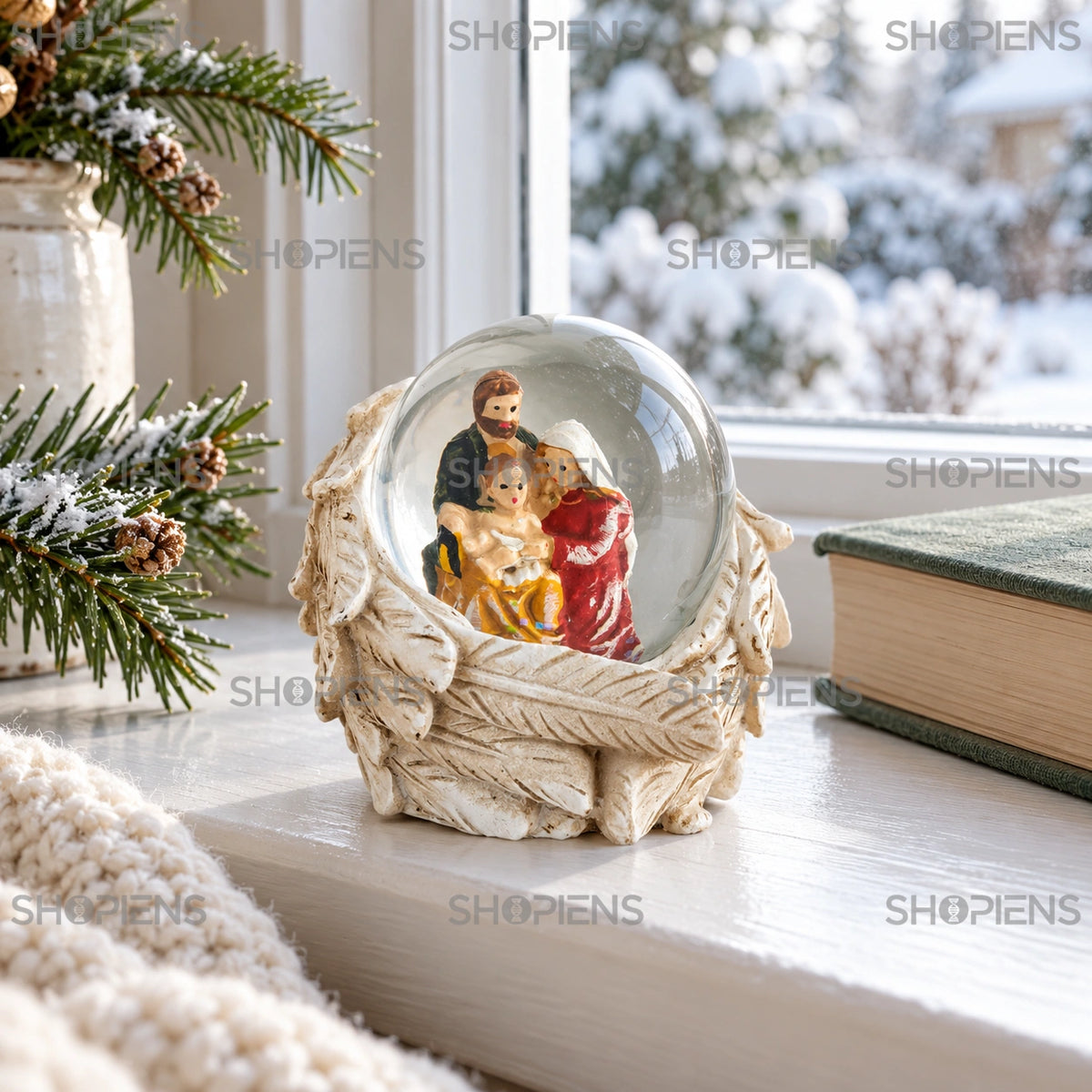 Glob cu sfânta familie și aripi de înger, 6 cm lângă fereastră într-un decor de iarnă | Shopiens®