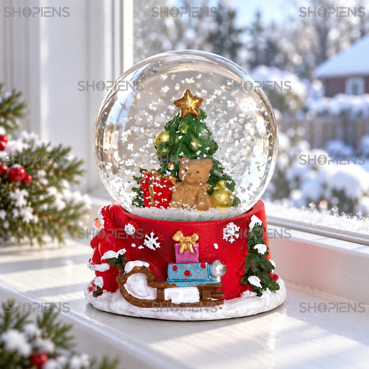Glob cu ursuleț și brad pe bază roșie, 6 cm lângă fereastră într-un decor de iarnă | Shopiens®
