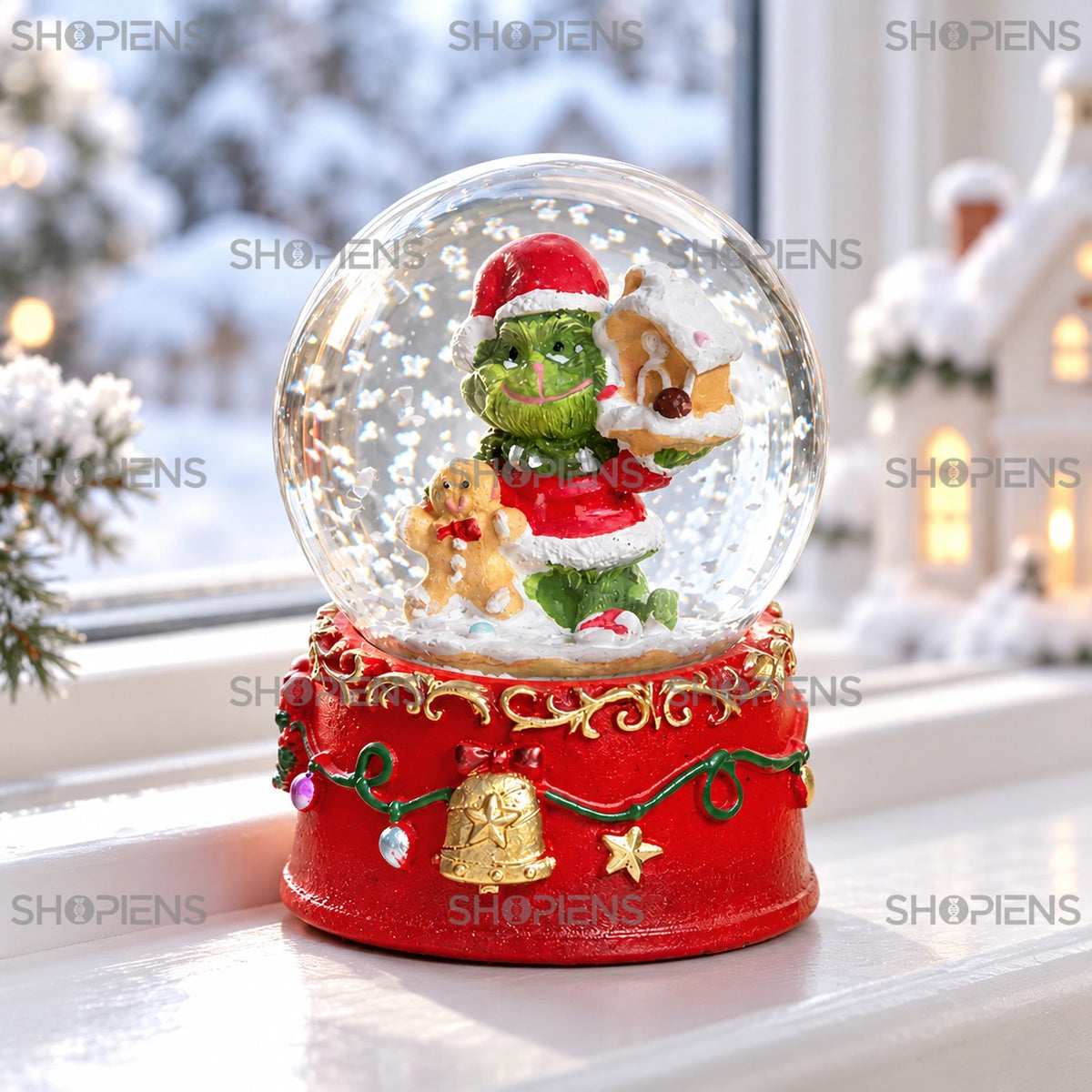 Glob decorativ cu elf și dulciuri, 9 cm lângă fereastră, în lumină de iarnă | Shopiens®