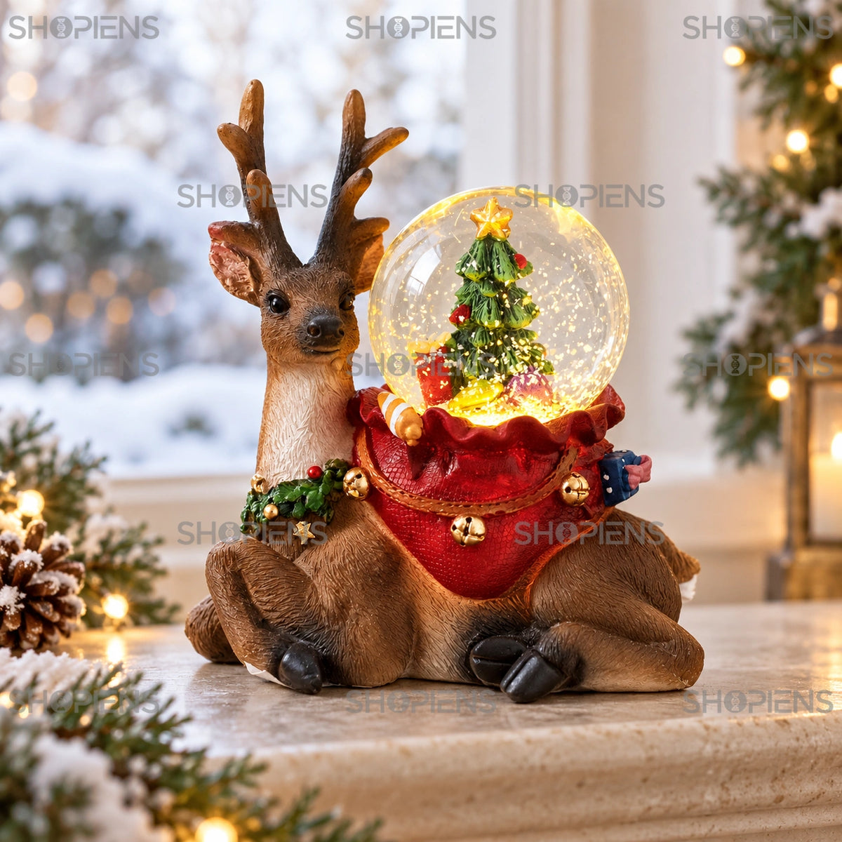Glob cu ren și brad iluminat, 9 × 6 × 10 cm lângă fereastră, în decor de iarnă | Shopiens®