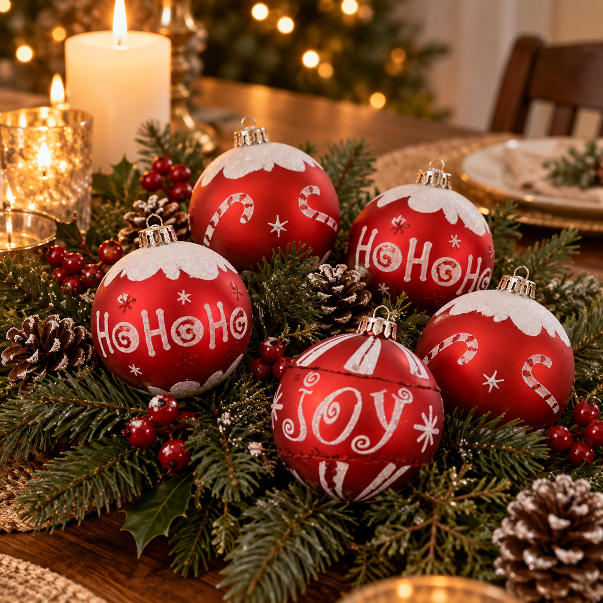 Globuri Ho Ho Ho Si Joy, Set 6 Rosu Alb, 8 Cm - in folosinta 2 - Shopiens