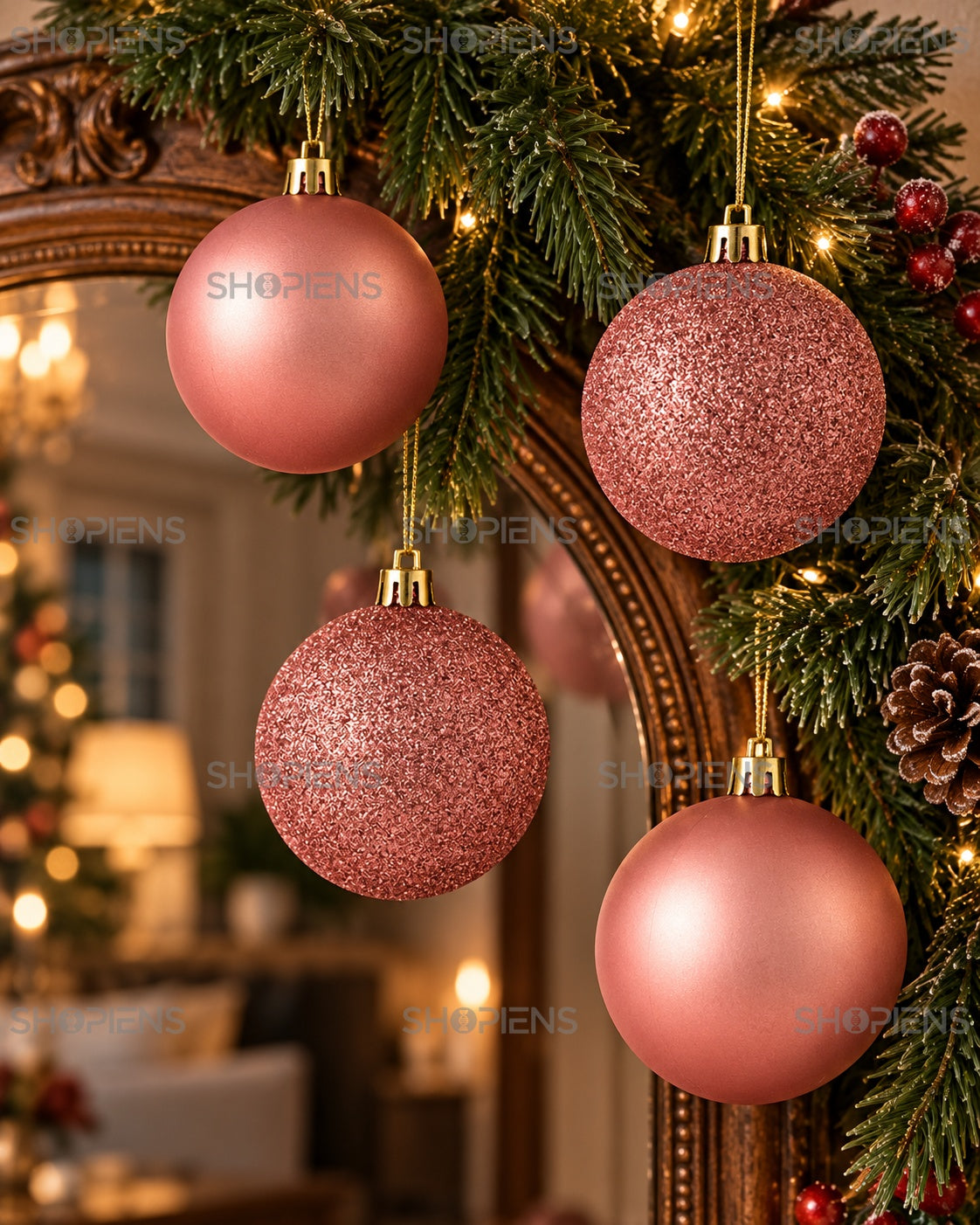 Globuri roz-aurii mate și cu sclipici, set 12, 8 cm – aranjament festiv – Shopiens