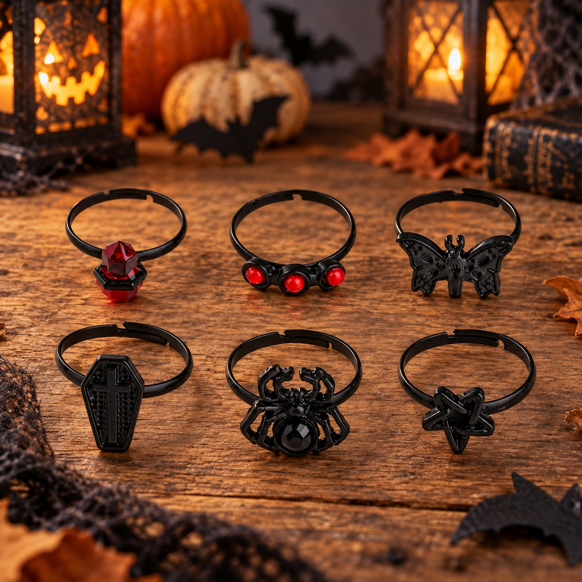Inele Negre Reglabile Cu Motive Halloween, Set De 6 - lifestyle principala - Shopiens
