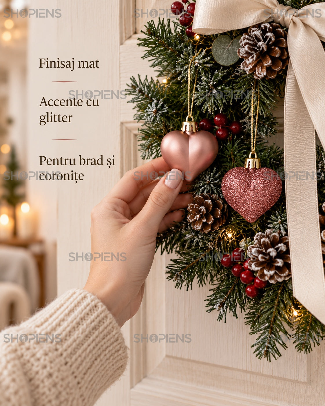 Inimi roz-auriu pentru brad, set 6, 5 cm – finisaje și utilizare pe coroniță – Shopiens