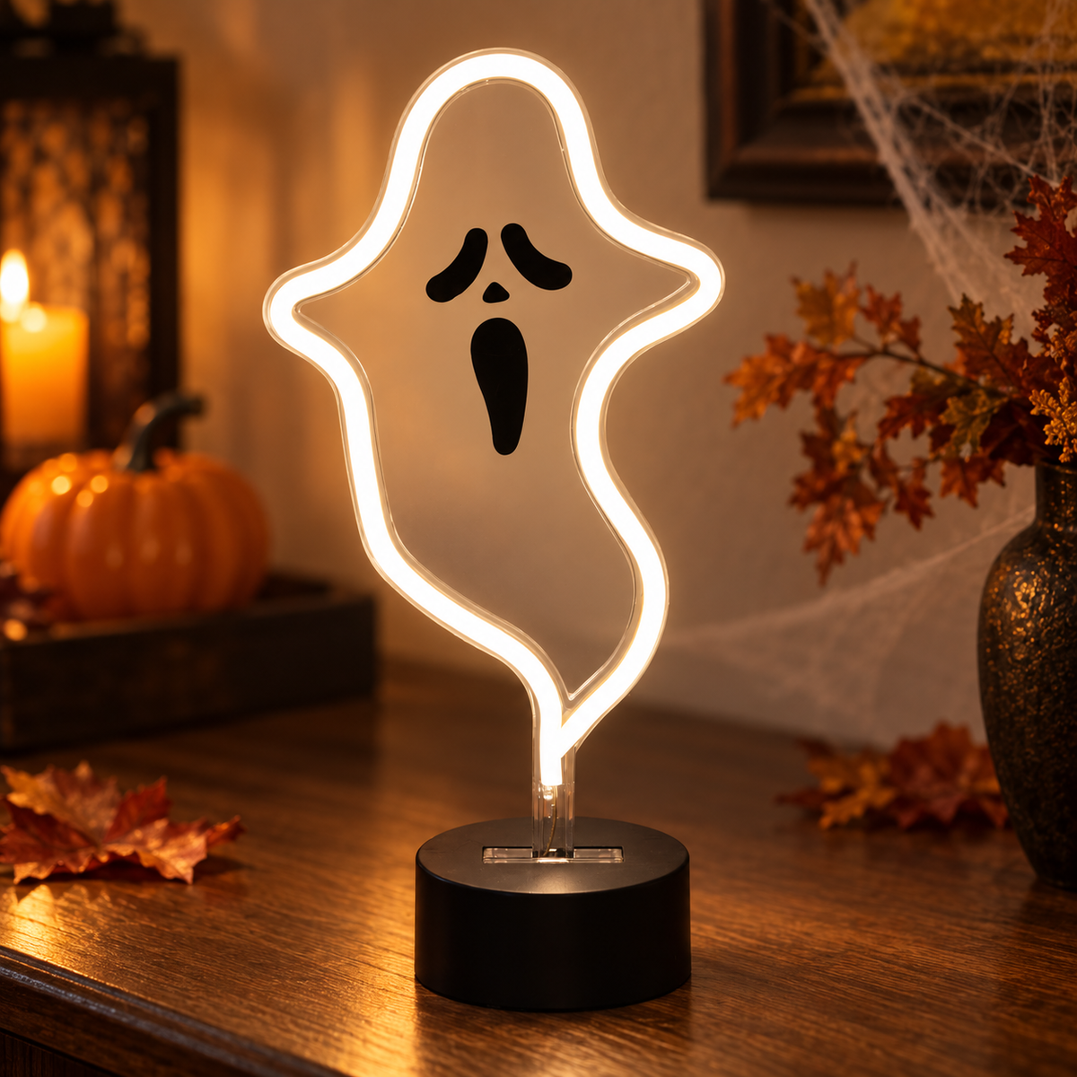Lampa Neon LED Fantoma Alba Pe Suport, 28 Cm - Shopiens