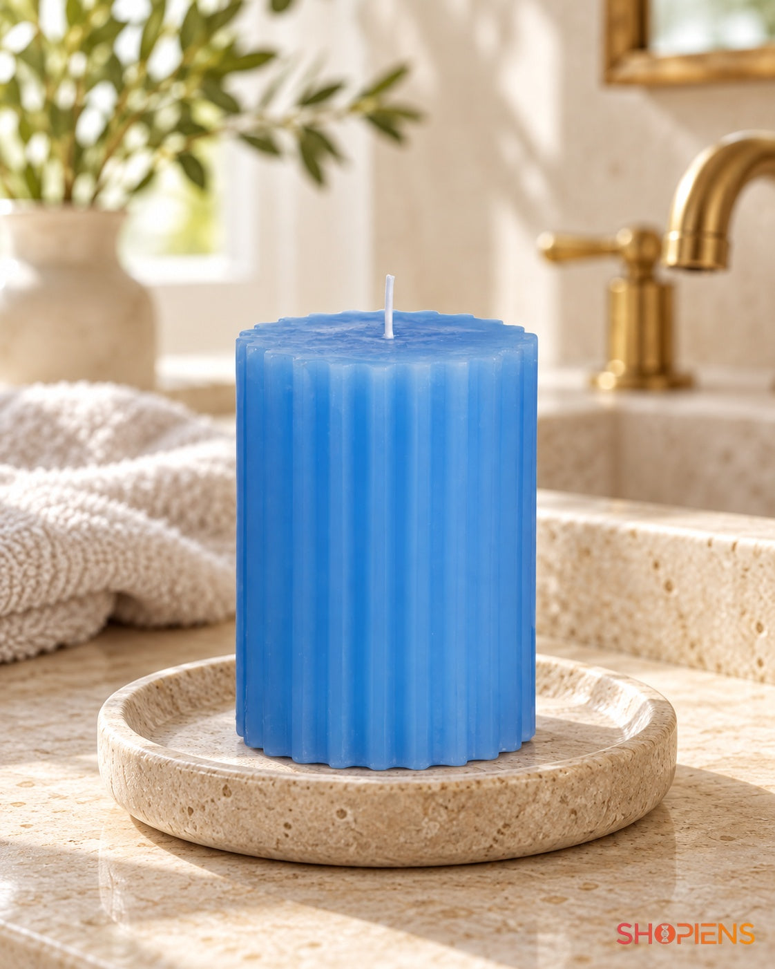 Lumânare Bleu Striată cu Parfum de Rufe Proaspete