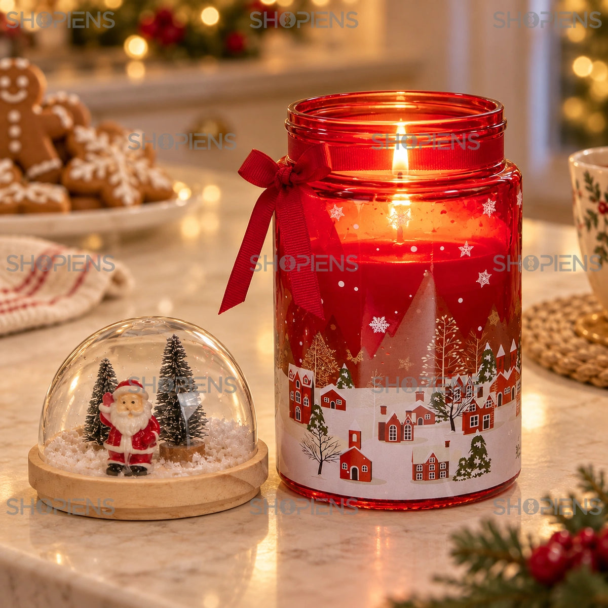 Lumânare aprinsă în borcan cu sat de iarnă și capac decorativ | Shopiens®
