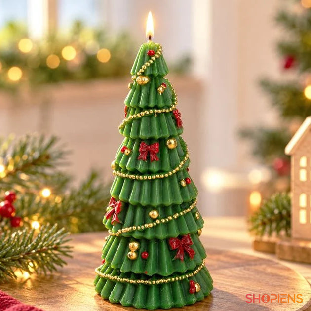 Lumânare brad verde cu ornamente aurii și roșii, 24 × 11,5 cm, fotografie de prezentare originală, decor neinclus | Shopiens®
