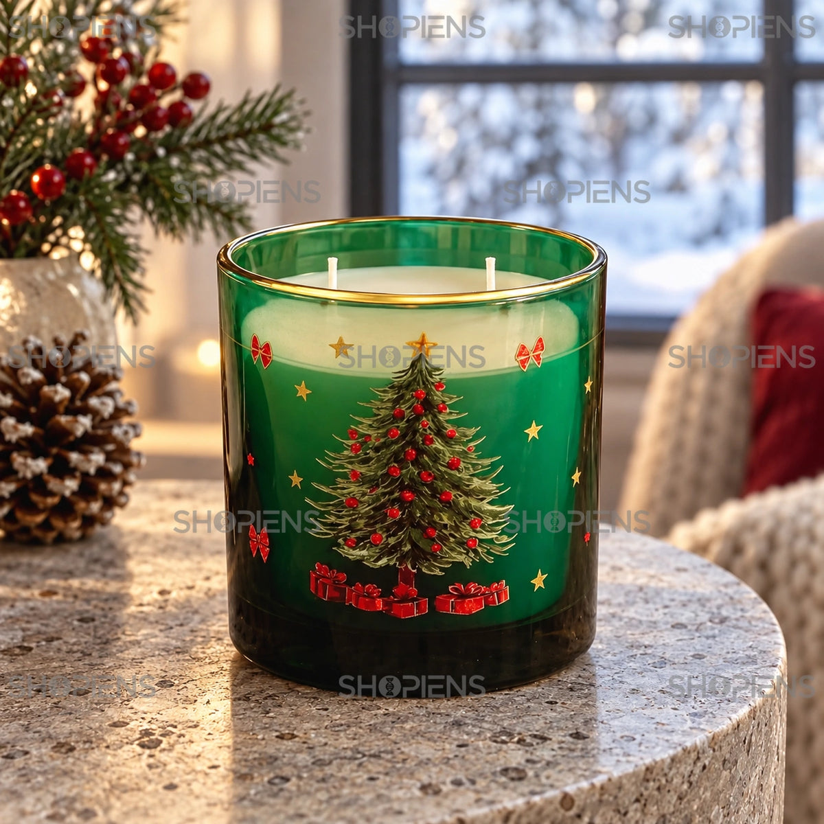 Pahar verde cu model de brad și lumânare albă lângă fereastră | Shopiens®
