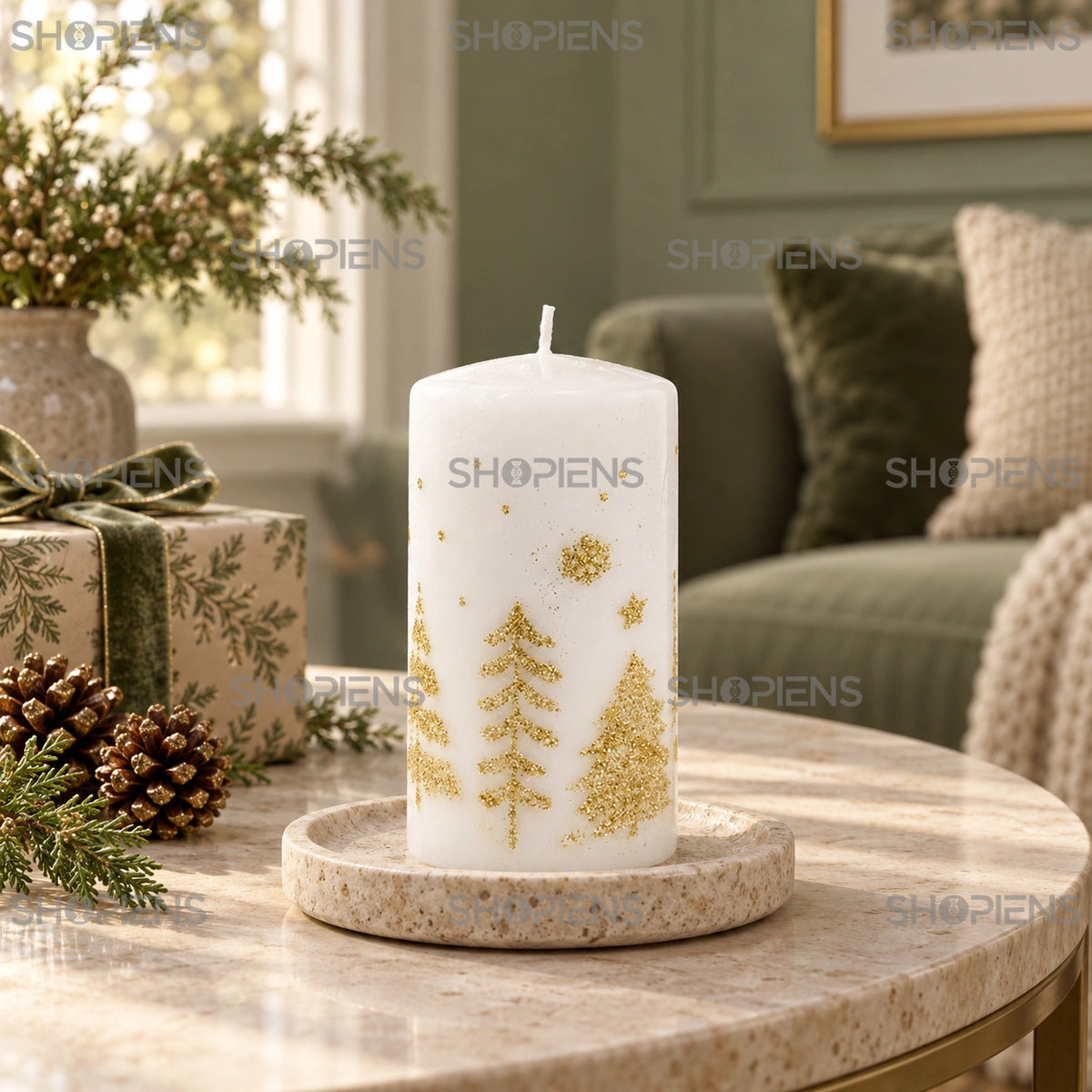 Lumânare albă cu brazi din glitter auriu, 11,5 cm, pe o măsuță în living decorat de sărbători | Shopiens®
