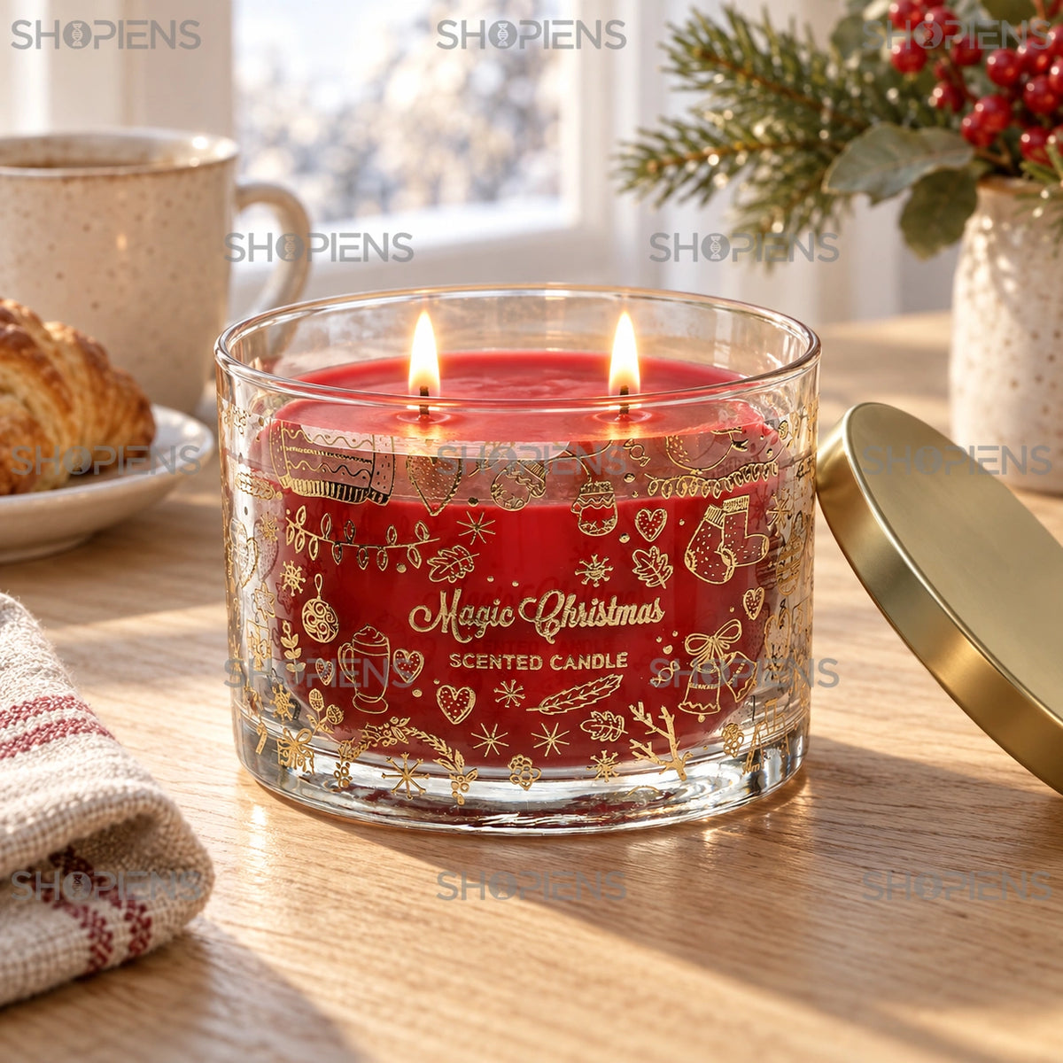 Lumânare roșie cu două flăcări și capac auriu alături | Shopiens®