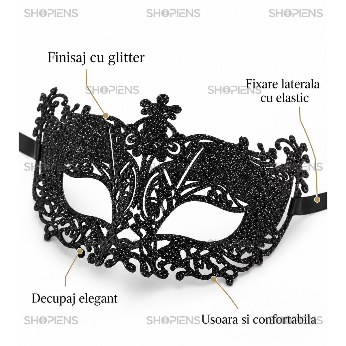 Mască Carnaval Damă Neagră Cu Glitter, Model Ornamental - Shopiens
