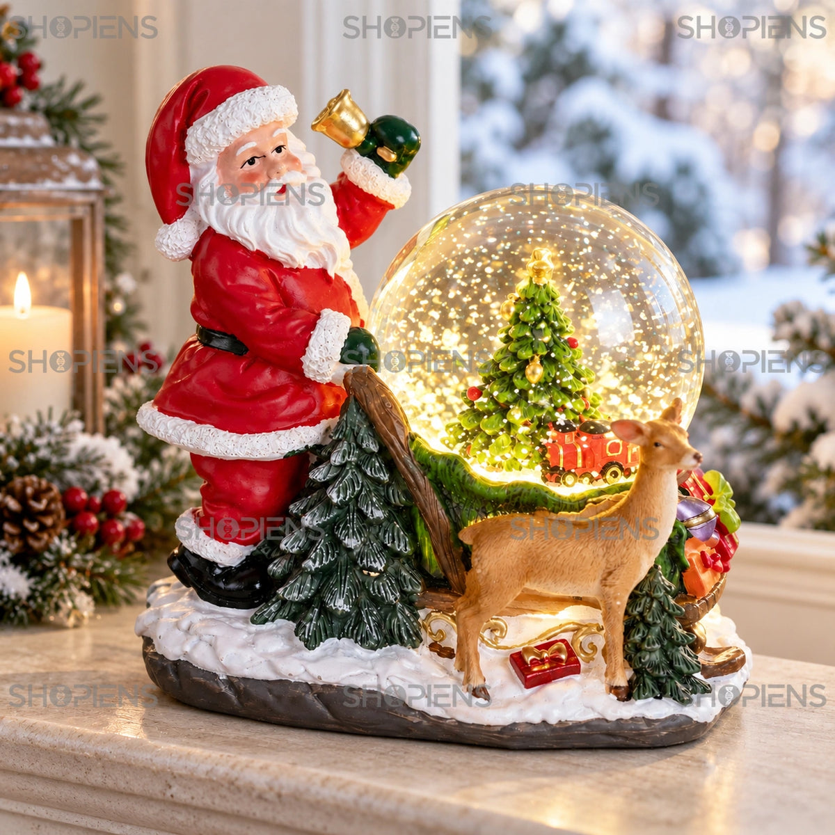 Moș Crăciun cu clopoțel și glob muzical LED, 18 cm lângă fereastră, în decor de iarnă | Shopiens®