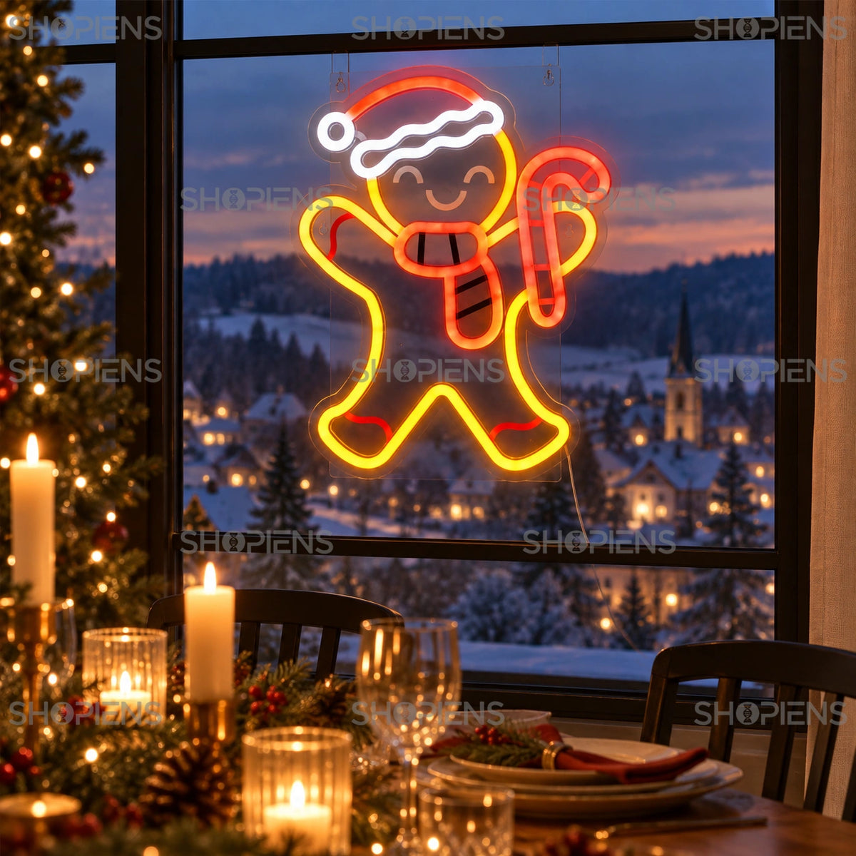 Om de turtă dulce luminos cu neon LED, 40 cm, montat pe geamul sufrageriei la lăsarea serii | Shopiens®