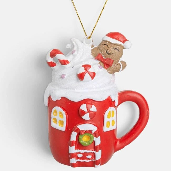 Omuleț gingerbread în cană roșie, 9 cm, vedere produs | Shopiens®
