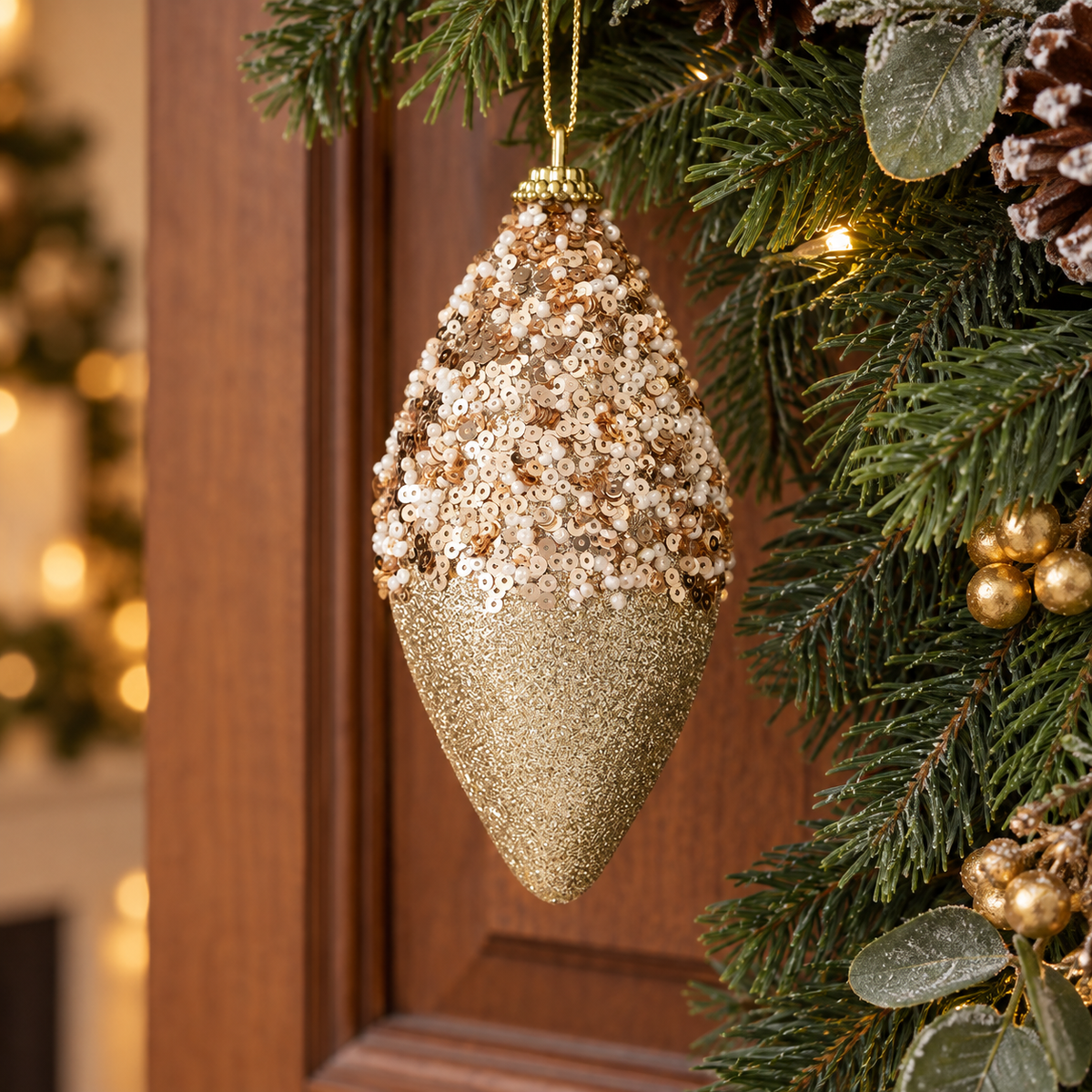 Ornament Conic Bej Cu Paiete Pentru Brad 13 Cm - in folosinta 2 - Shopiens