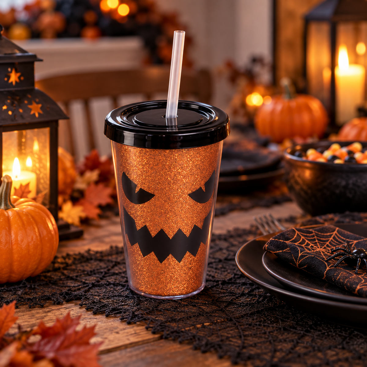 Pahar Halloween Cu Glitter Portocaliu Si Pai, 350 Ml - in folosinta 2 - Shopiens