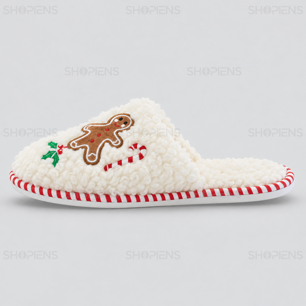 Papuci albi cu om de turtă dulce și bordură candy – profil stânga pe fundal gri deschis | Shopiens®