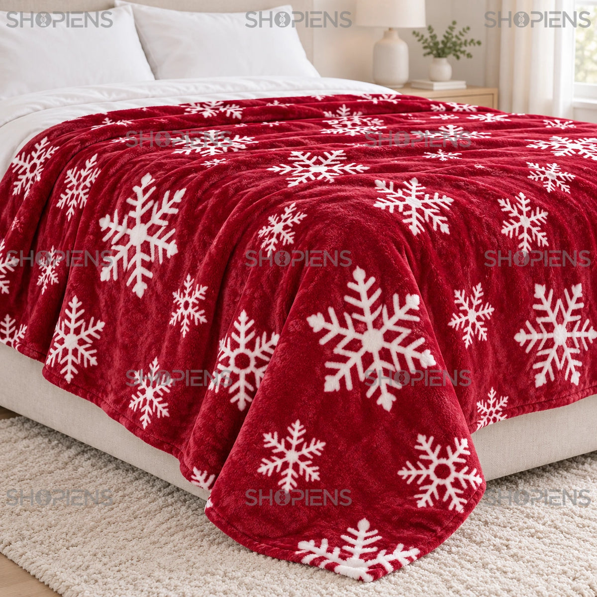 Detaliu al păturii bordo cu fulgi albi, 220 × 200 cm, pe marginea patului | Shopiens®