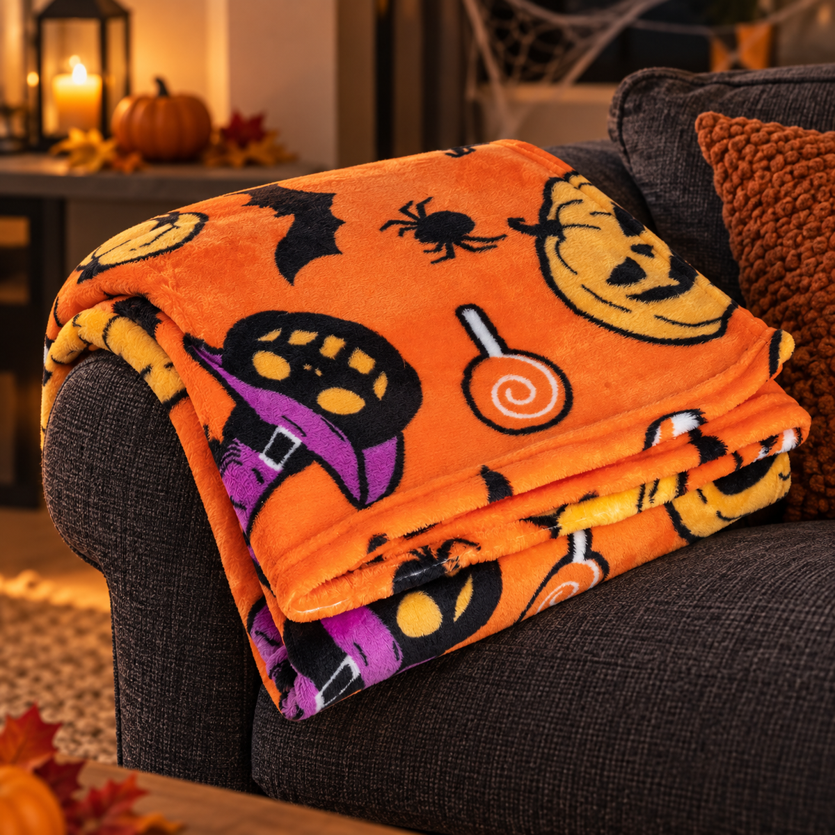 Patura Moale Portocalie Cu Motive Halloween, 130 X 160 Cm - Shopiens