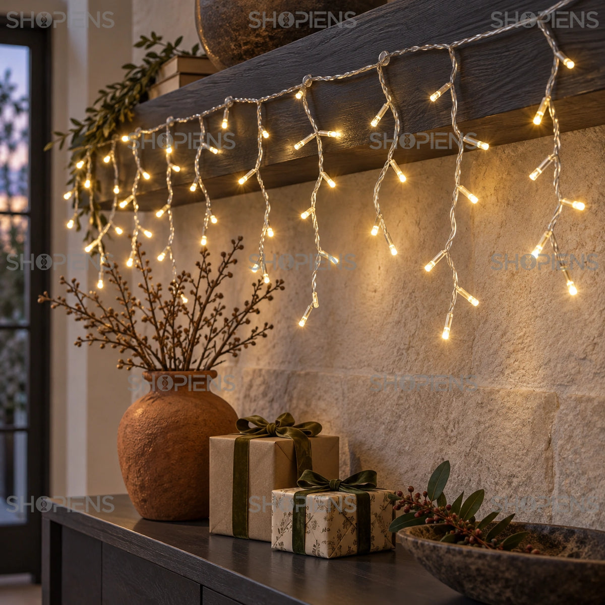 Țurțuri cu 144 LED-uri alb cald și cablu transparent, în decorul unui hol | Shopiens®
