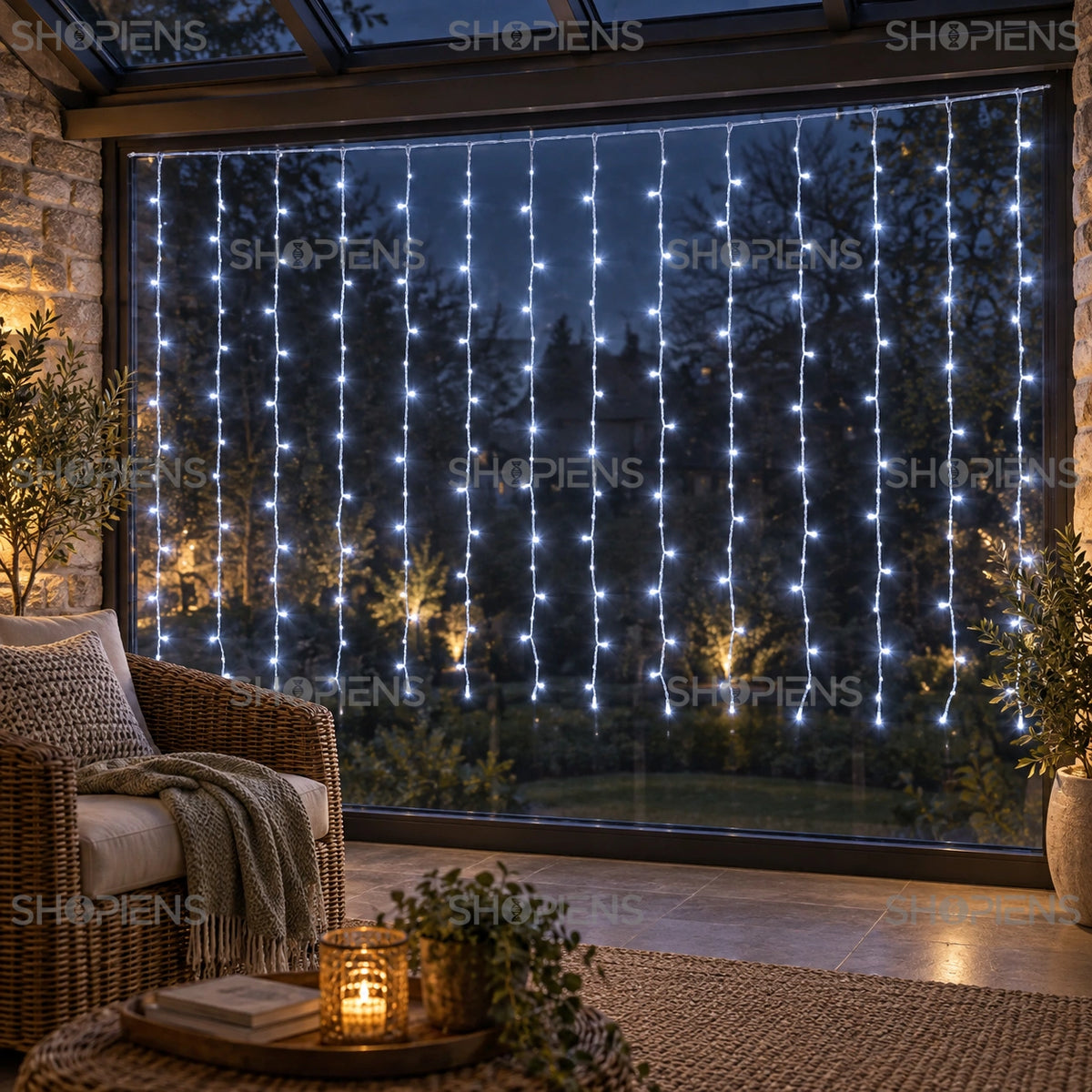 Perdea cu LED-uri alb rece într-o verandă vitrată cu piatră și fotoliu împletit | Shopiens®