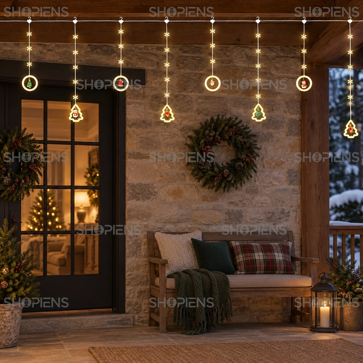 Globuri și brăduți luminoși cu 130 LED-uri alb cald, 3 m, pe o verandă din piatră | Shopiens®