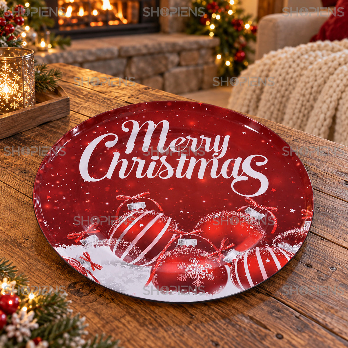 Platou decorativ roșu din plastic cu globuri și mesaj festiv, Ø33 cm, în decor de Crăciun, decor neinclus | Shopiens®