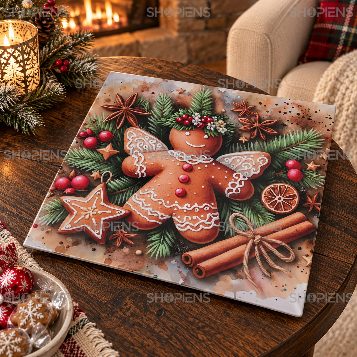 Platou pătrat din plastic cu îngeraș din turtă dulce, 30 × 30 cm, în decor de Crăciun, decor neinclus | Shopiens®
