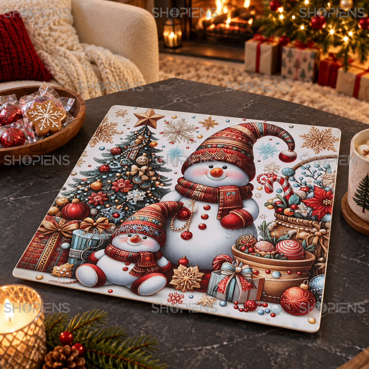 Platou decorativ din plastic cu oameni de zăpadă vintage, 40 × 40 cm, în decor de Crăciun, decor neinclus | Shopiens®