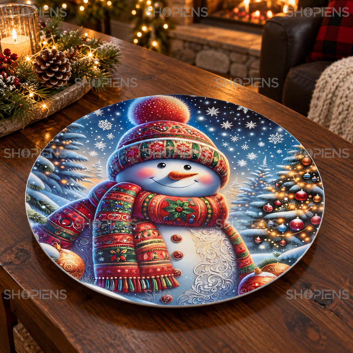 Platou decorativ din plastic cu om de zăpadă și fular, Ø40 cm, în decor de Crăciun, decor neinclus | Shopiens®