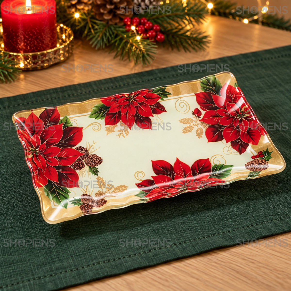 Platou dreptunghiular din sticlă cu crăciunițe, 25 × 15 cm, detaliu al designului, decor neinclus | Shopiens®