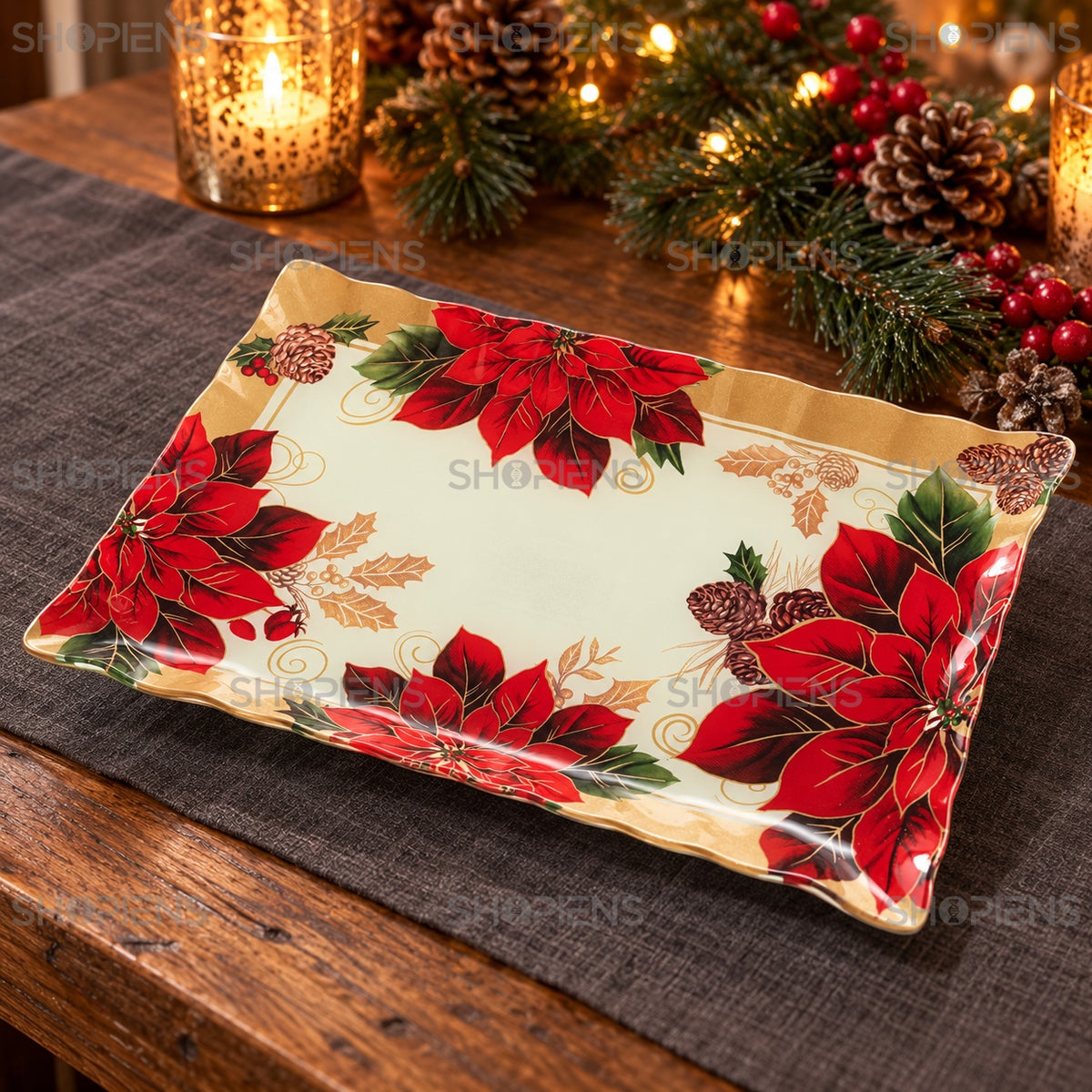 Platou dreptunghiular din sticlă cu crăciunițe, 36 × 26 cm, detaliu al designului, decor neinclus | Shopiens®