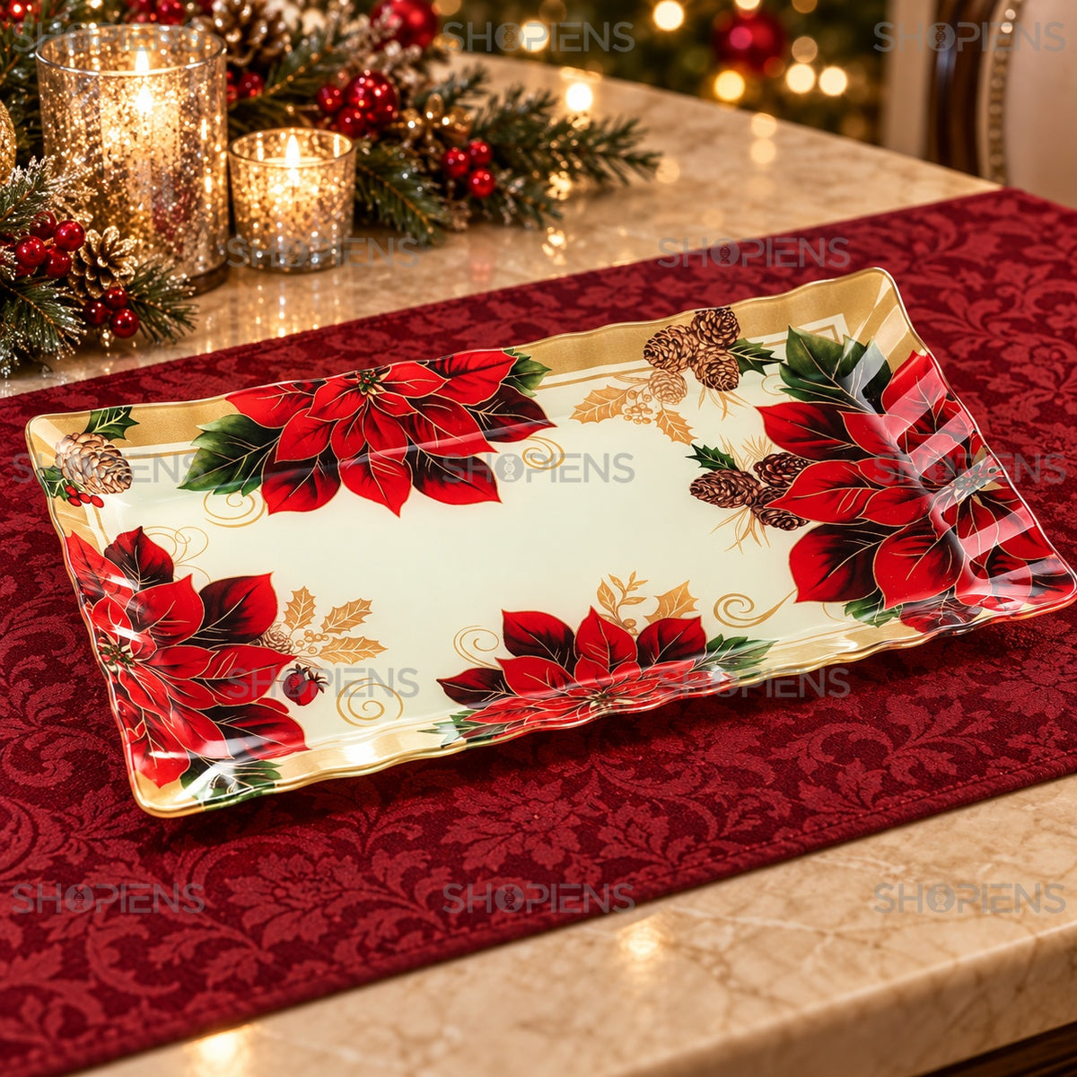 Platou dreptunghiular din sticlă cu crăciunițe, 42 × 24 cm, detaliu al designului, decor neinclus | Shopiens®