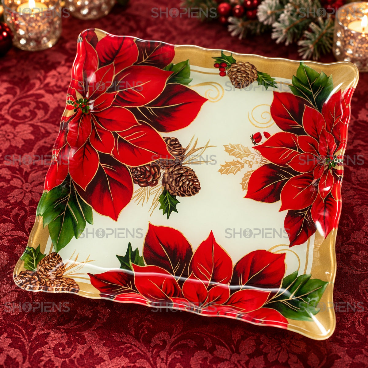 Platou din sticlă cu crăciunițe și vâsc, 30 × 30 cm, detaliu al designului, decor neinclus | Shopiens®