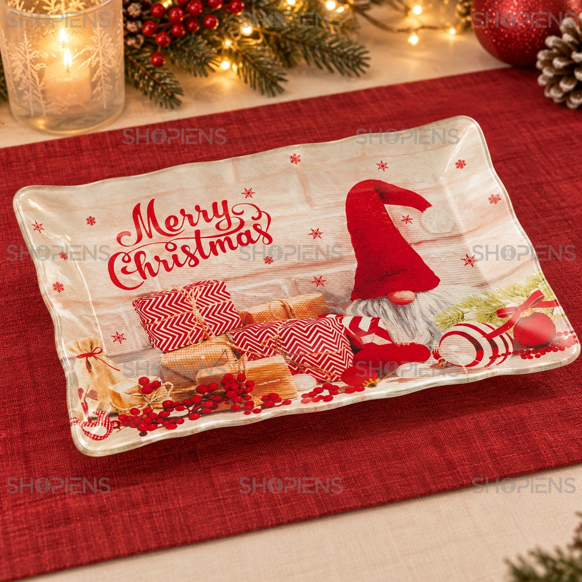 Platou dreptunghiular din sticlă cu gnom și cadouri, 31 × 21 cm, detaliu al designului, decor neinclus | Shopiens®
