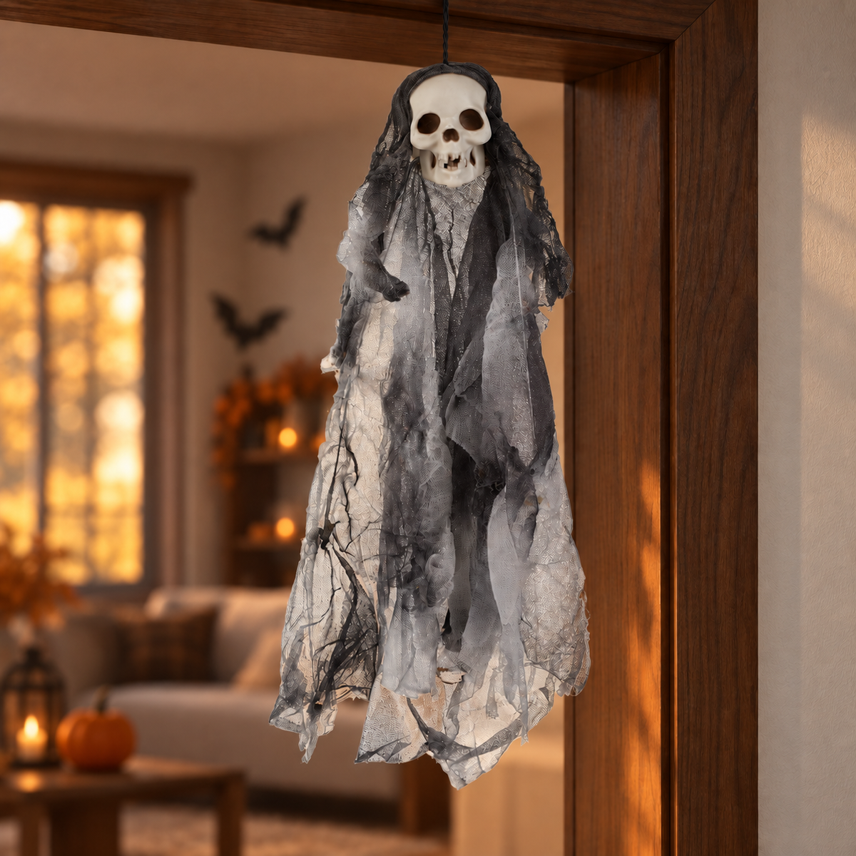 Schelet Suspendabil Cu Tesatura Gri Si Neagra, Halloween 38 Cm - Shopiens