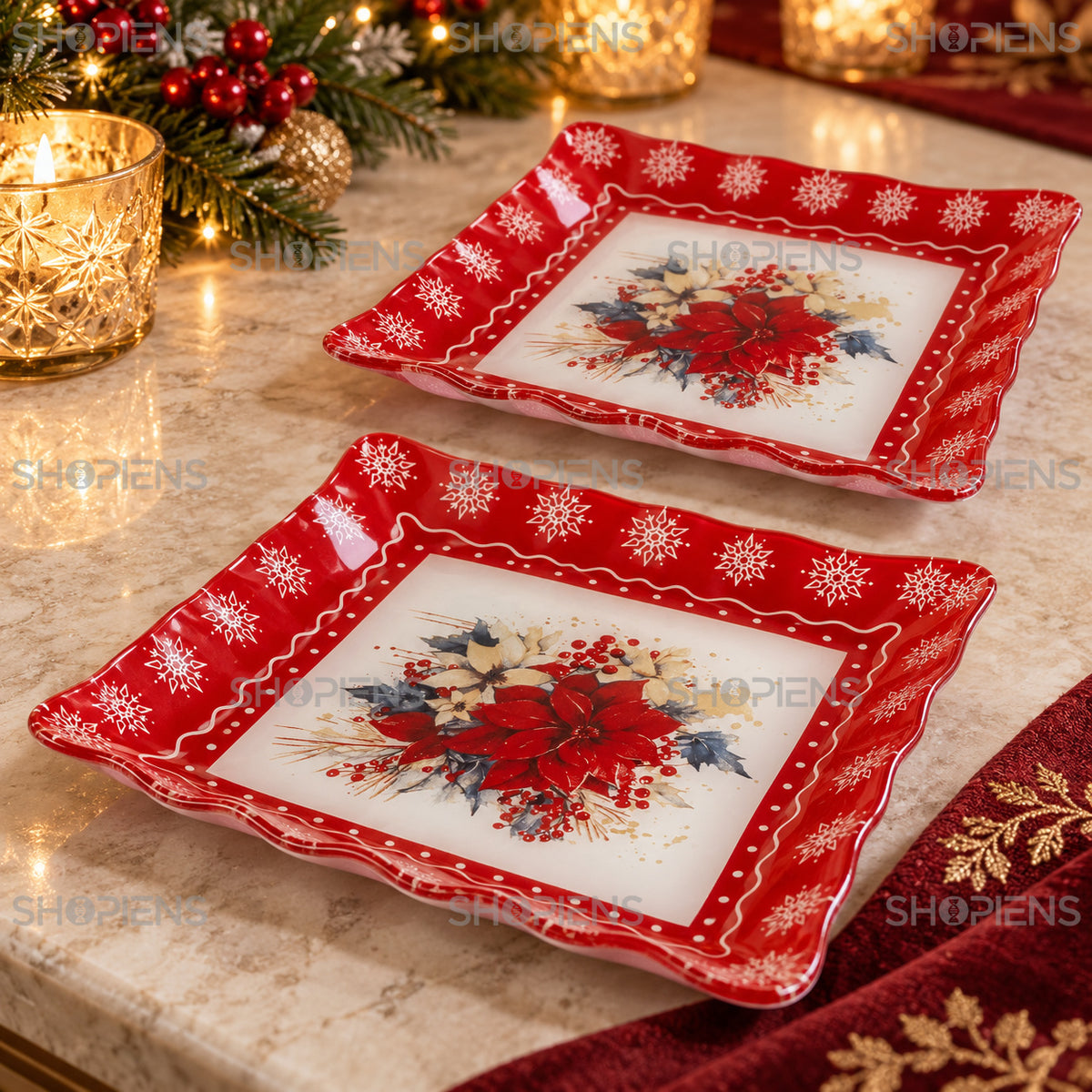 Set 2 farfurii de desert din sticlă cu crăciuniță, 17 × 17 cm, detaliu al imprimeului și marginii, decor neinclus | Shopiens®