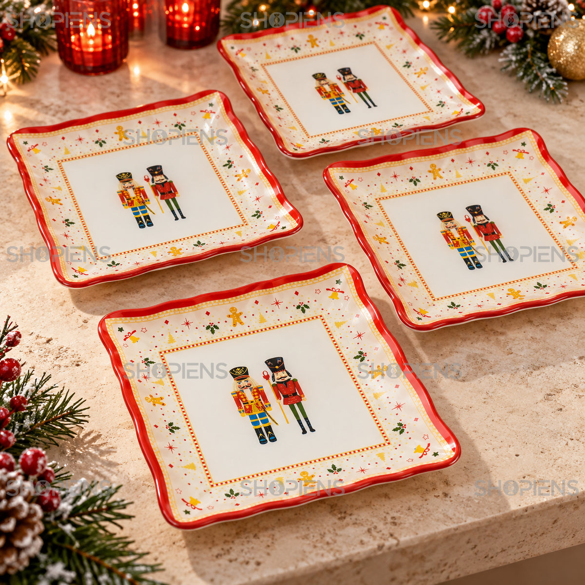 Set 4 farfurii din sticlă cu spărgători de nuci, 17 × 17 cm, detaliu al imprimeului și marginii, decor neinclus | Shopiens®