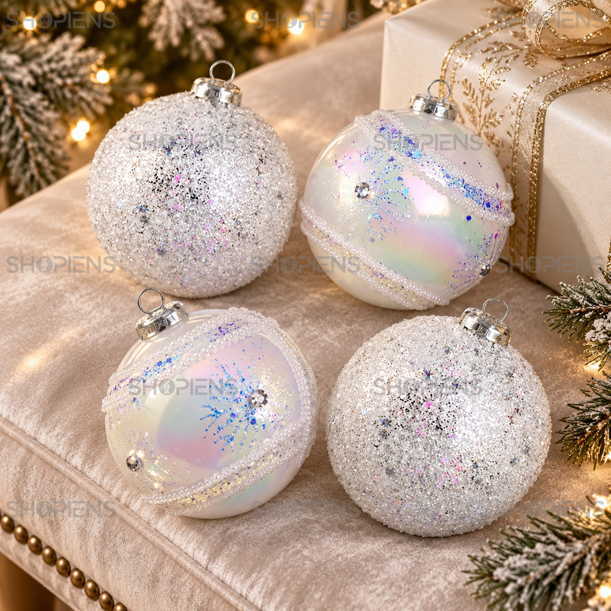 Set 4 globuri albe holografice cu glitter, Ø10 cm, aranjament festiv, decor neinclus | Shopiens®