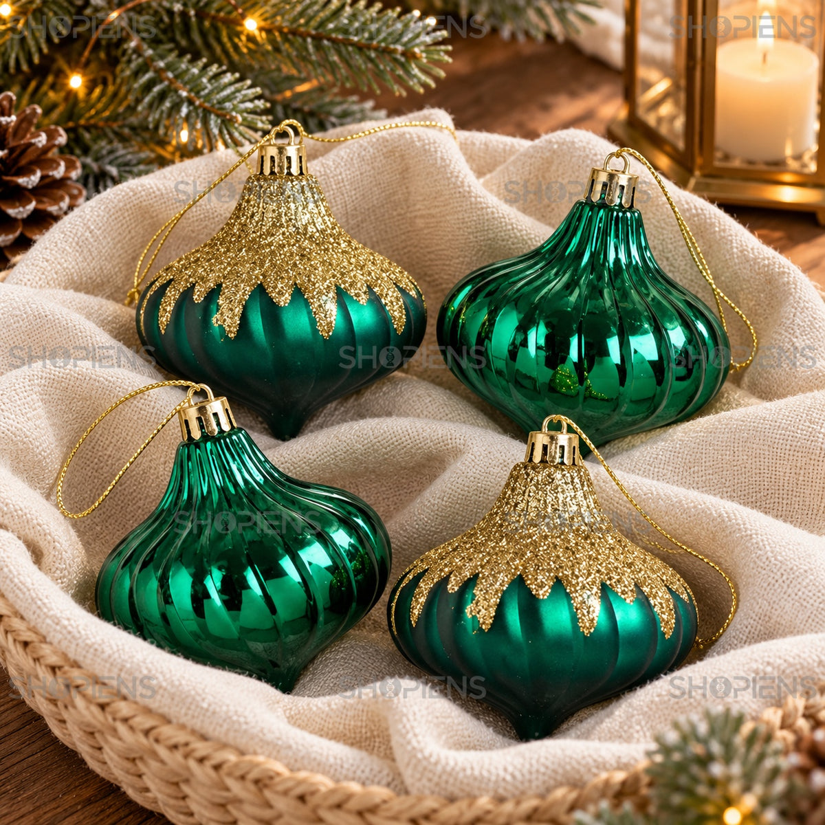 Set 4 globuri verzi onion cu glitter auriu, 8 cm, aranjament festiv, decor neinclus | Shopiens®