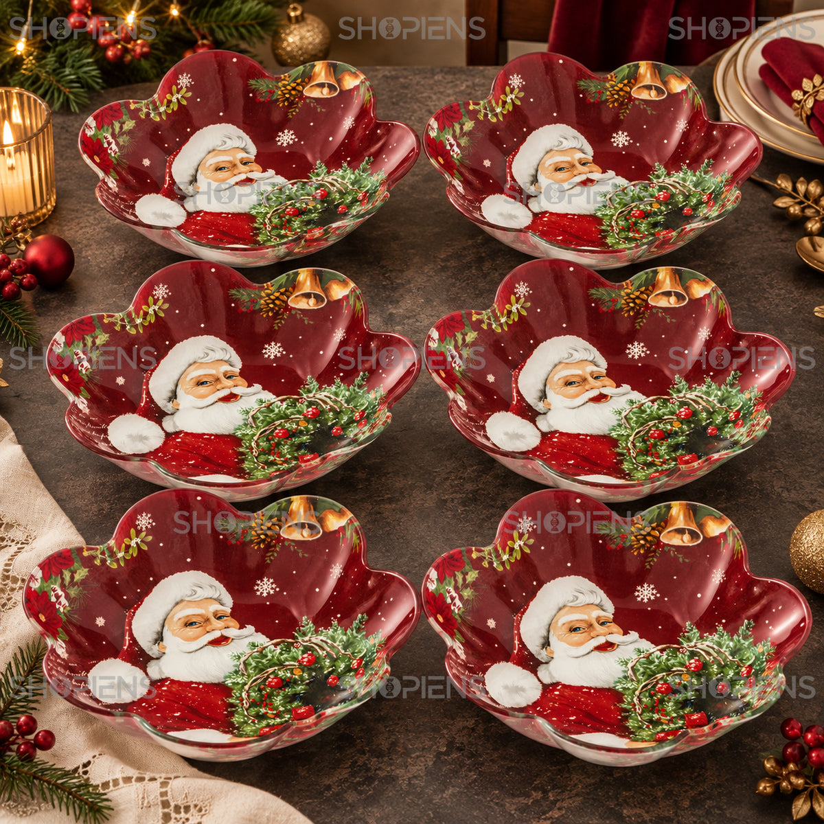 Set 6 boluri festive din sticlă cu Moș Crăciun și fulgi, Ø23 cm, 800 ml, detaliu al designului, decor neinclus | Shopiens®