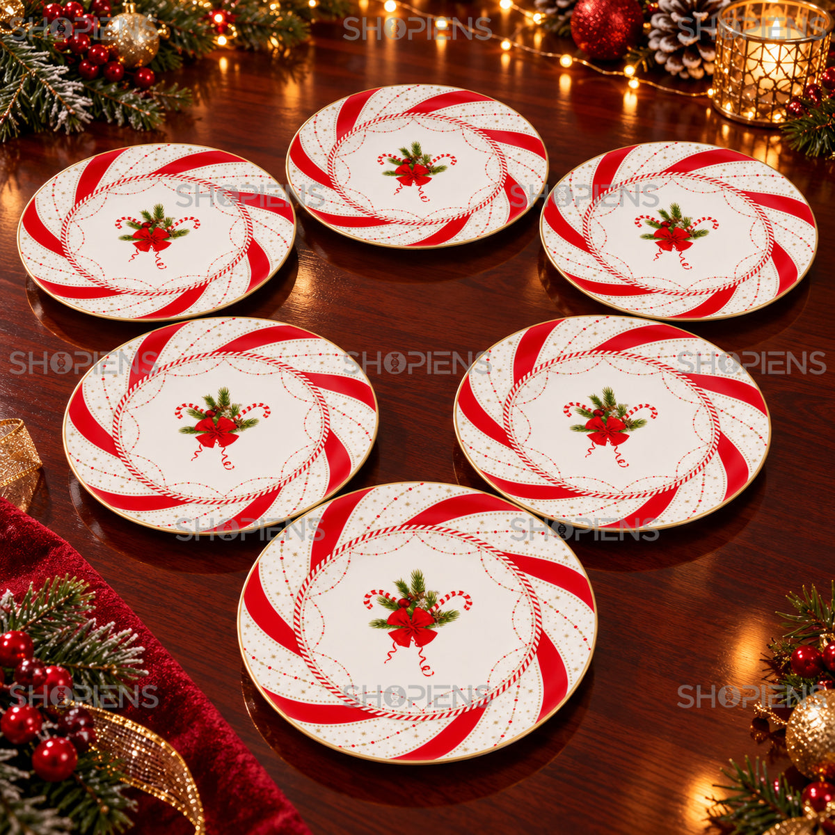 Set 6 farfurii din porțelan cu crenguțe, fundă și acadele, Ø19 cm, detaliu al imprimeului și marginii, decor neinclus | Shopiens®